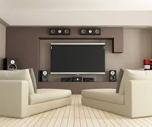 elegant living room with home theatre system – rendering Salón elegante con sistema de home theatre
