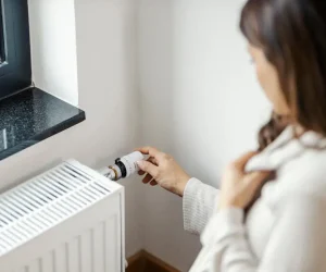 Mujer tratando de recalibrar un dispositivo de calefacción averiado