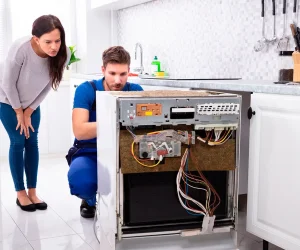 Imagen de un técnico realizando el servicio de reparación de electrodomésticos junto a una clienta